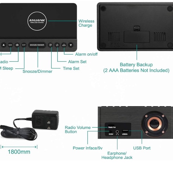 ANJANK Wooden Digital Alarm Clock FM WIRELESS SMARTPHONES CHARGER - Picture 7 of 14